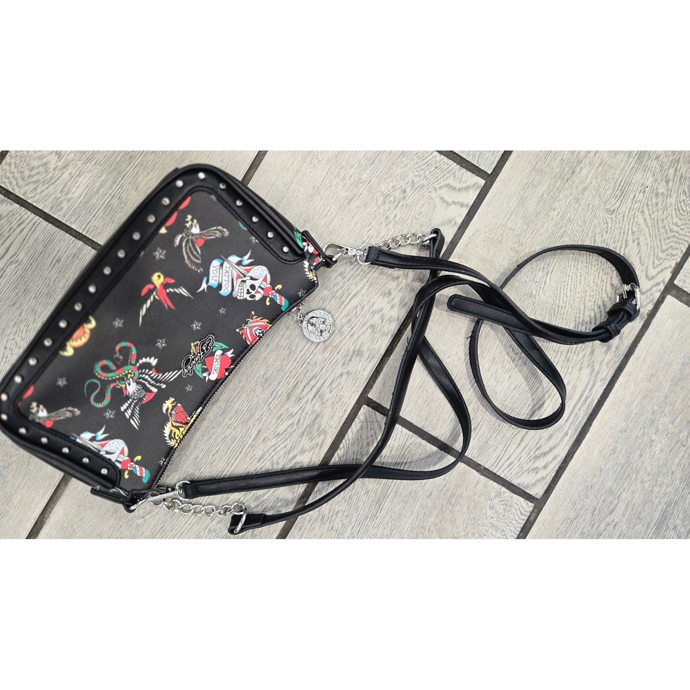 Ed Hardy Tattoo Print Crossbody Bag Black Faux Leather Skull Tiger Studded
